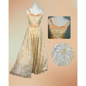 Vintage 70s Prairie Cottage Sweetheart Neckline Peach Floral Maxi Sundress XS